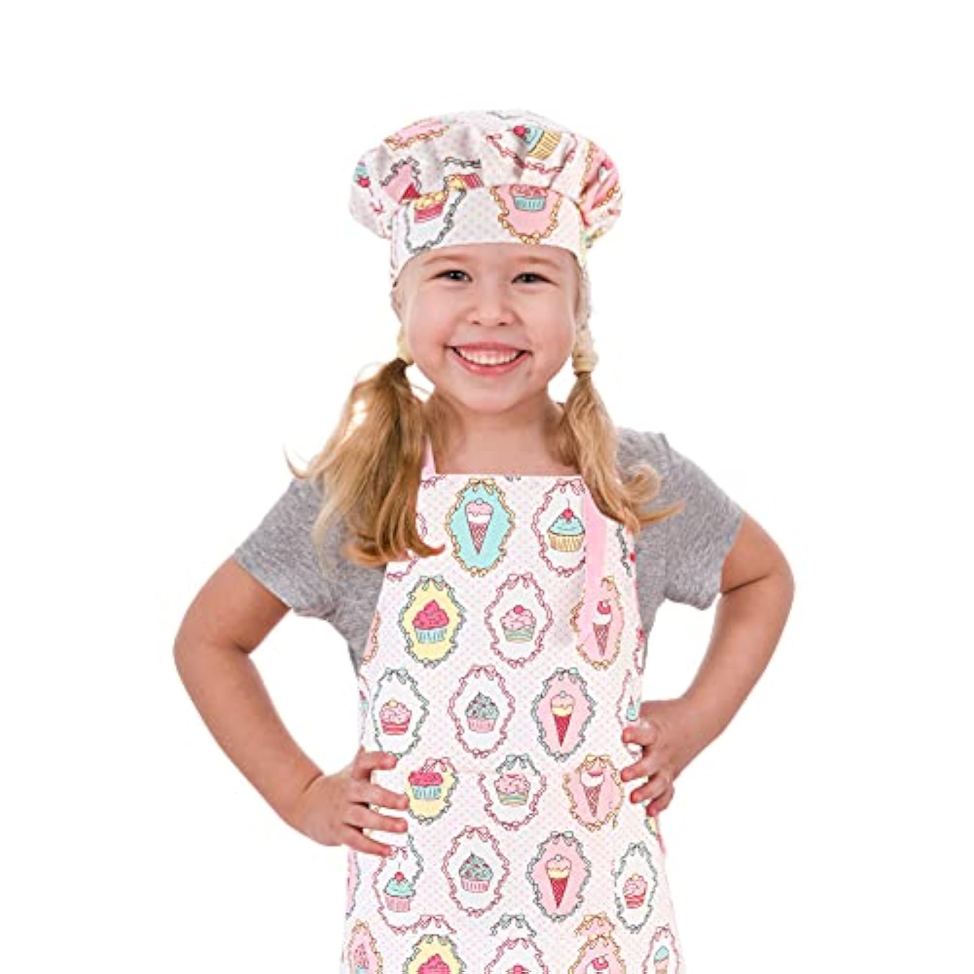 Kids Adjustable Cotton Apron and Chef Hat Set, Large Pocket